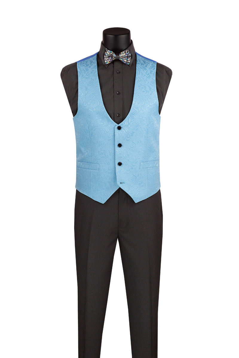 Men’s Light Blue Paisley Jacquard Slim-Fit Tuxedo – 3-Piece Formalwear Set with Black Satin Lapels