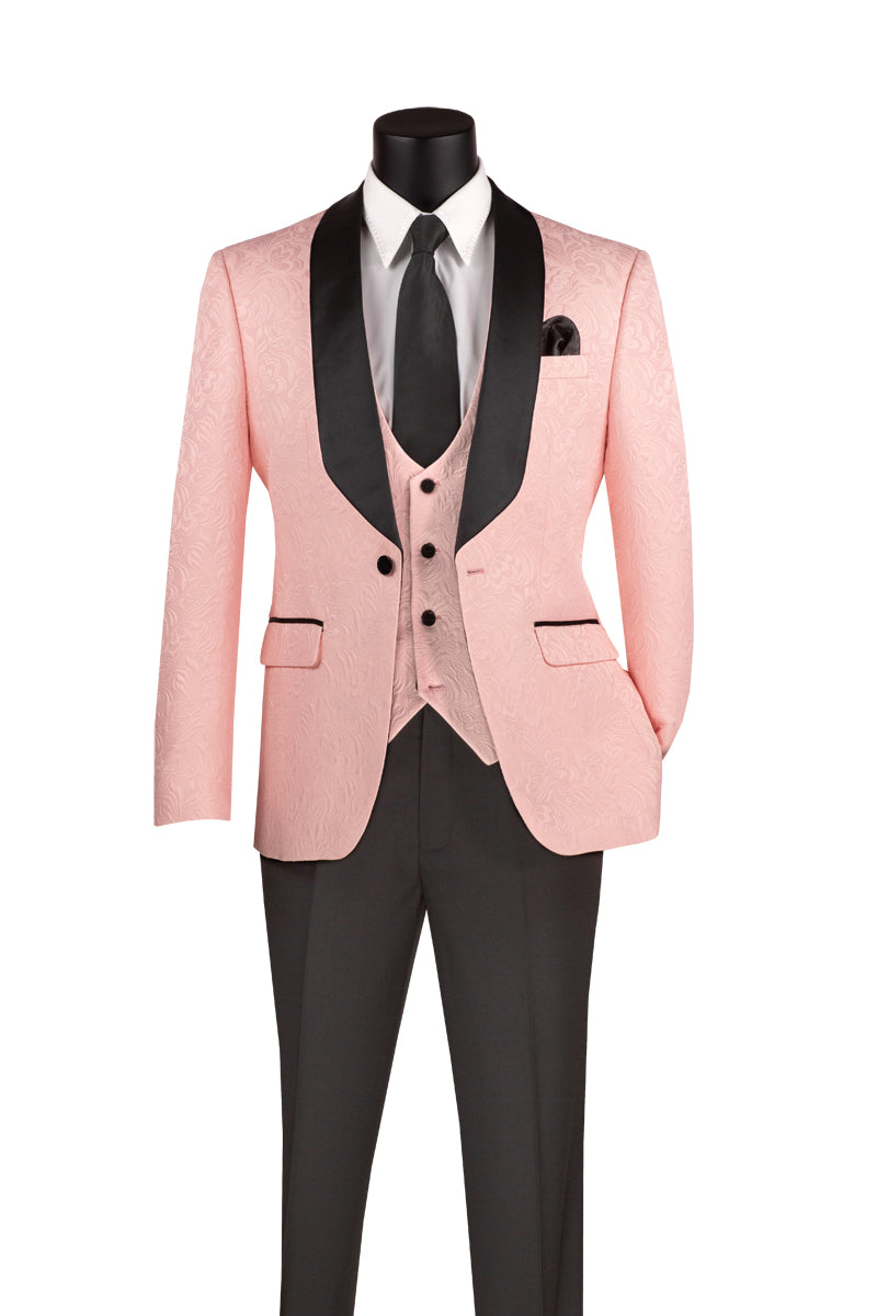 "Men’s Light Pink Paisley Jacquard Slim-Fit Tuxedo – 3-Piece Formalwear Set with Black Satin Lapels