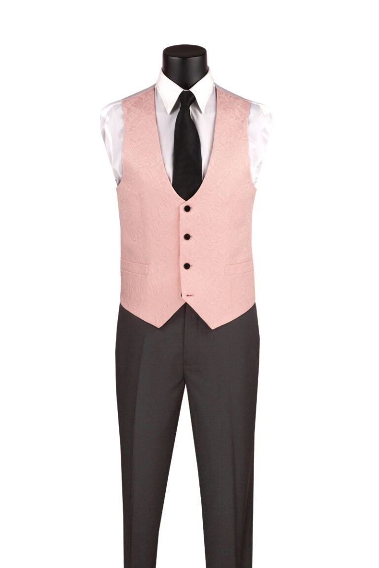 "Men’s Light Pink Paisley Jacquard Slim-Fit Tuxedo – 3-Piece Formalwear Set with Black Satin Lapels