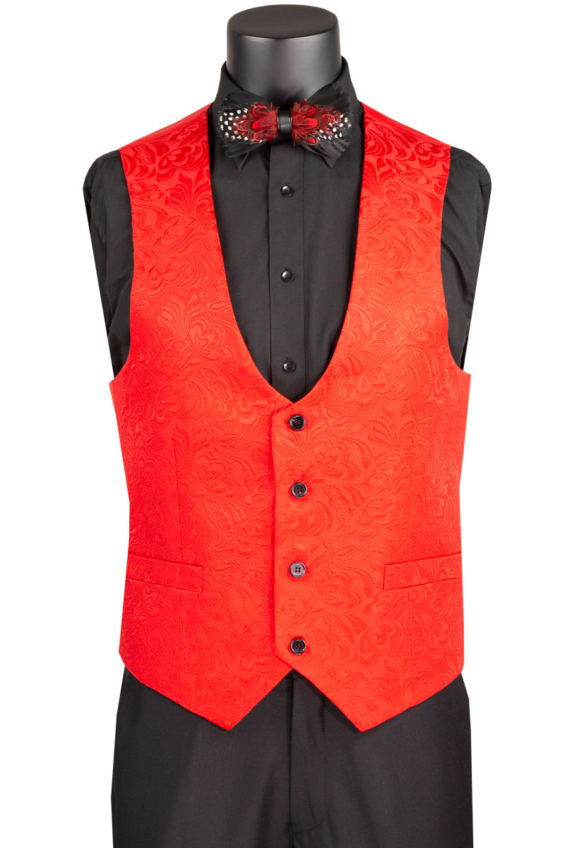 Red Paisley Jacquard Slim-Fit  Vest – 3-Piece Formalwear Set With black pants 