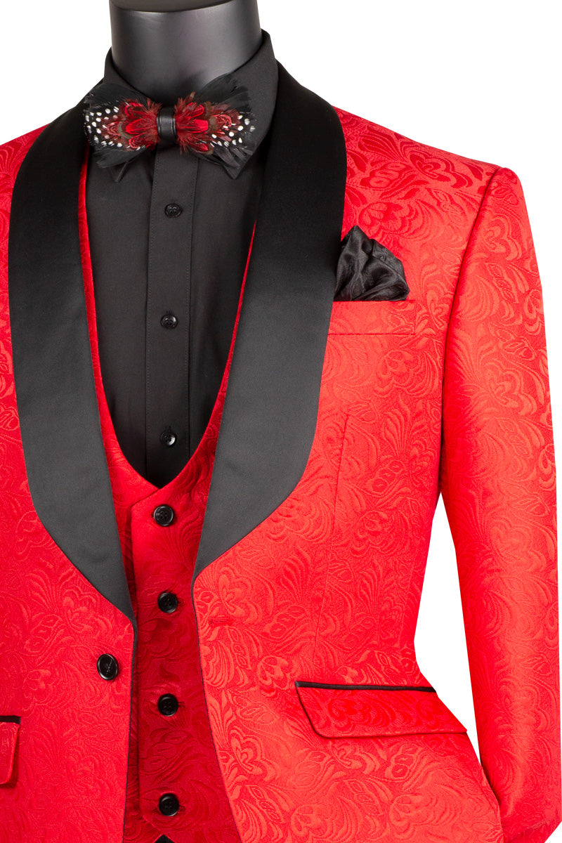 Men’s Red Paisley Jacquard Slim-Fit Tuxedo – 3-Piece Formalwear Set with Black Satin Lapels