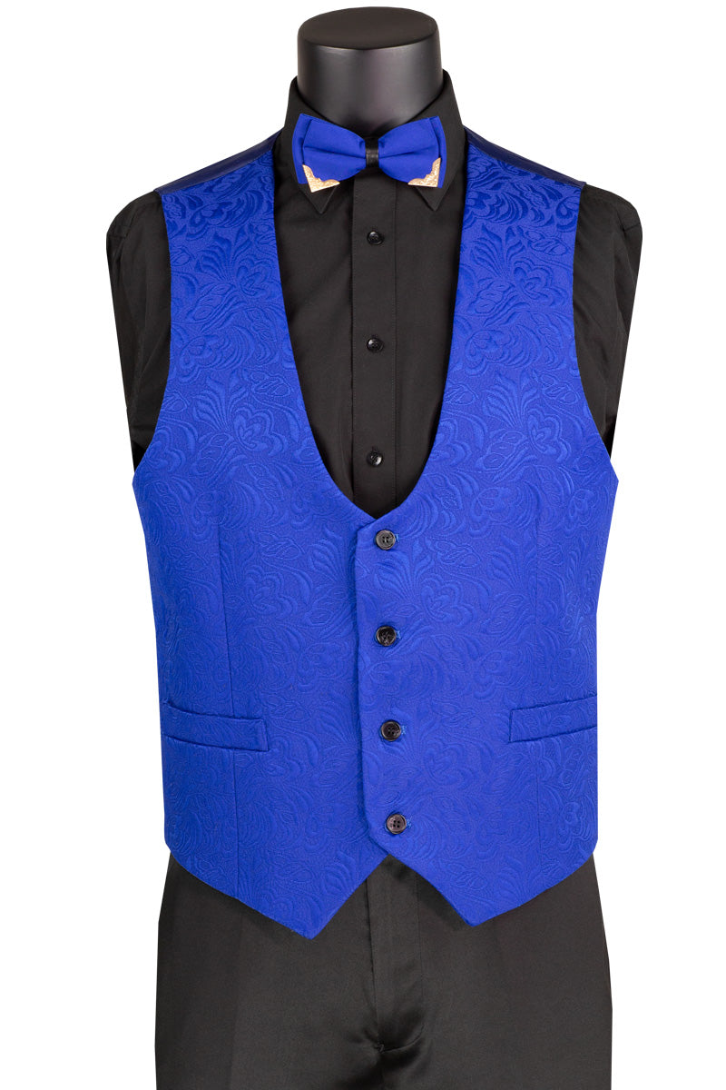 Vest - Men Royal Blue Paisley Jacquard Slim-Fit Tuxedo – 3-Piece Formalwear Set with Black Satin Lapels