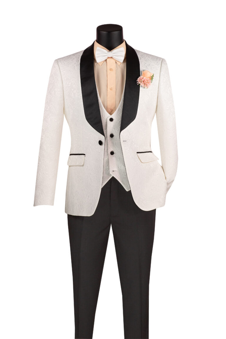 Men’s White Paisley Jacquard Slim-Fit Tuxedo – 3-Piece Formalwear Set with Black Satin Lapels