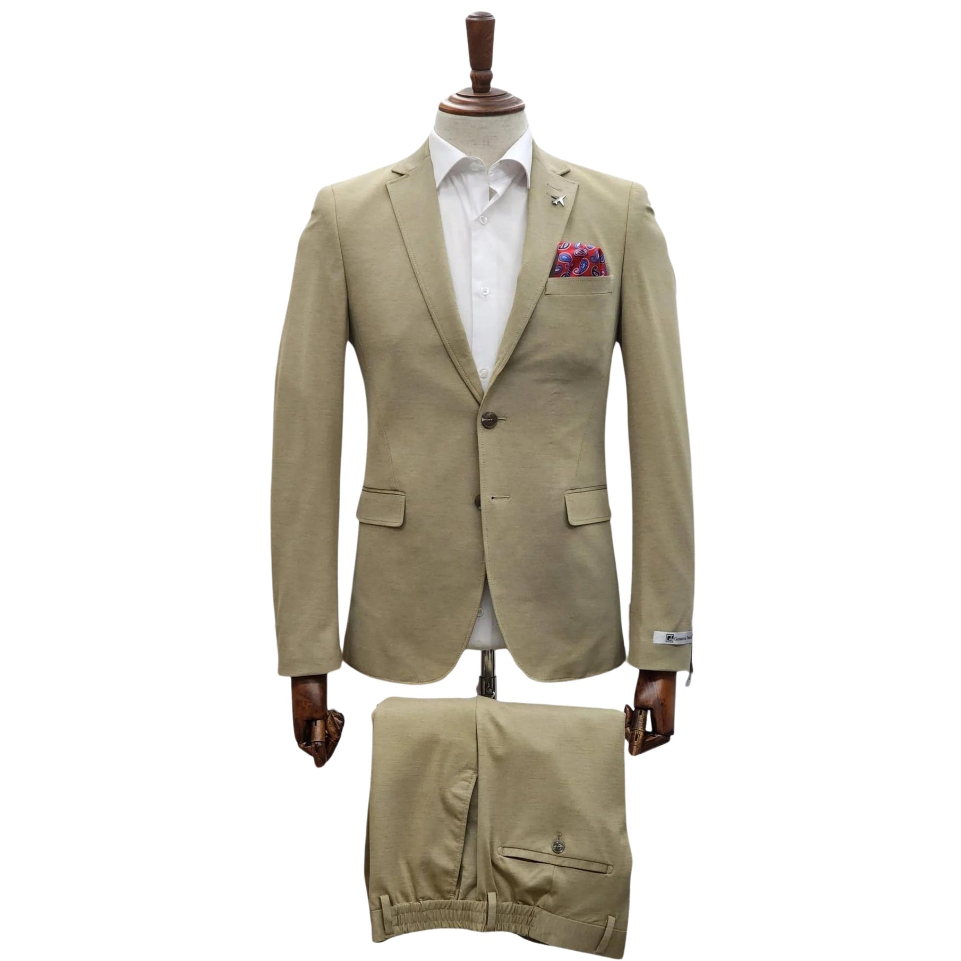 Mannequin displaying KCT Menswear Tan Stretch Cotton Suit Set with a colorful pocket square for a refined look