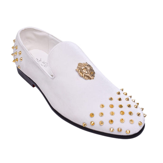 White Velvet Loafers with Gold Spikes – Luxury Prom Shoes for Men