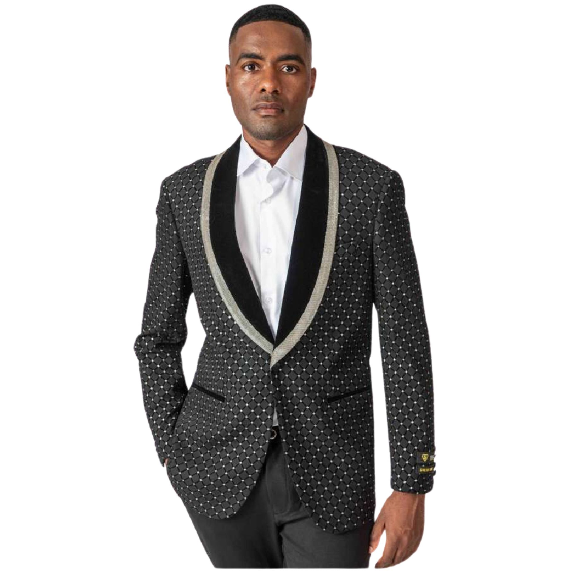 Men’s Black Diamond Pattern Tuxedo Blazer for Prom 2025, featuring a geometric diamond pattern fabric with a velvet shawl lapel and silver rhinestone trim.