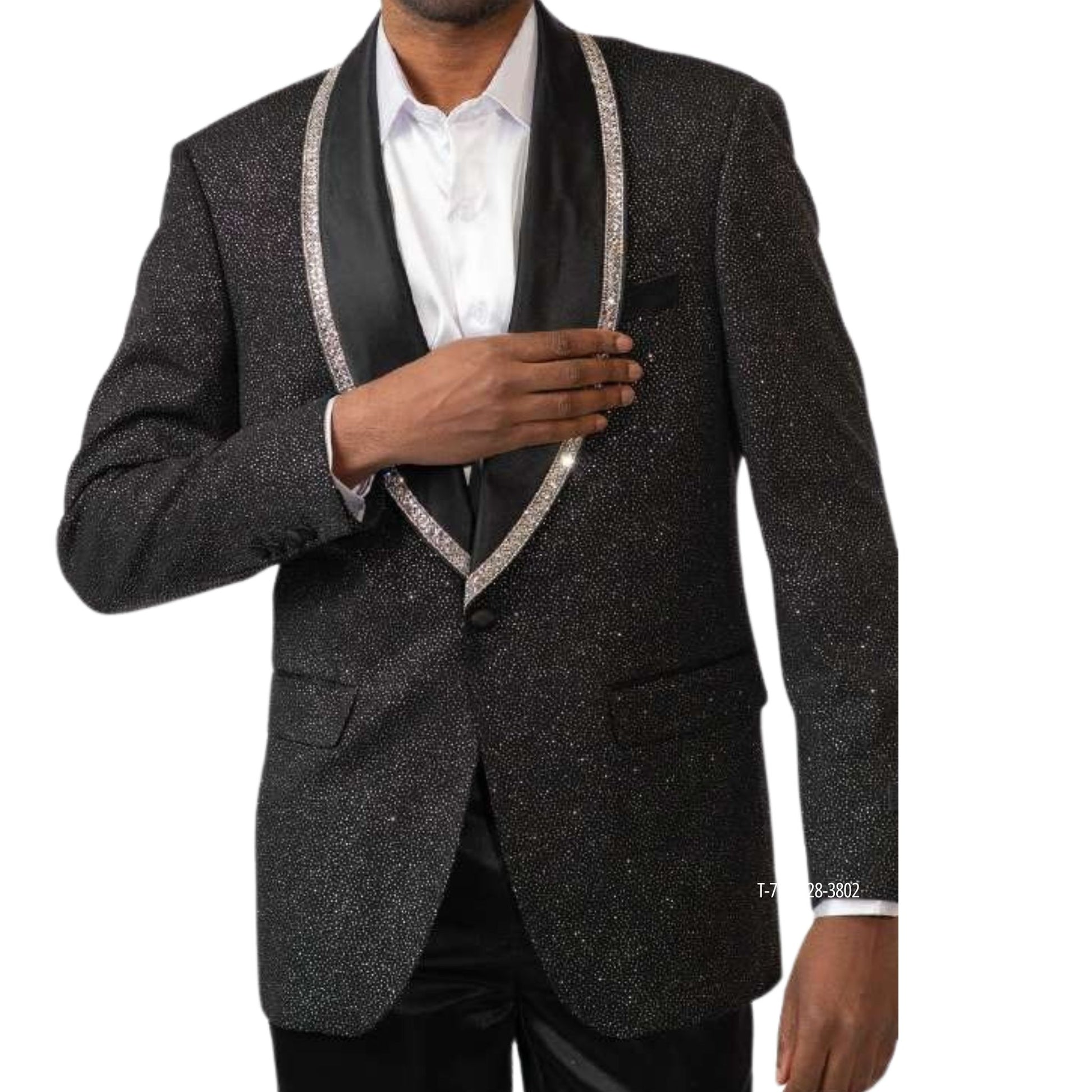 Men’s Black Glitter Rhinestone Shawl Lapel Tuxedo Blazer for Prom 2025, featuring a sparkling fabric and crystal-trimmed lapel for a luxurious look.