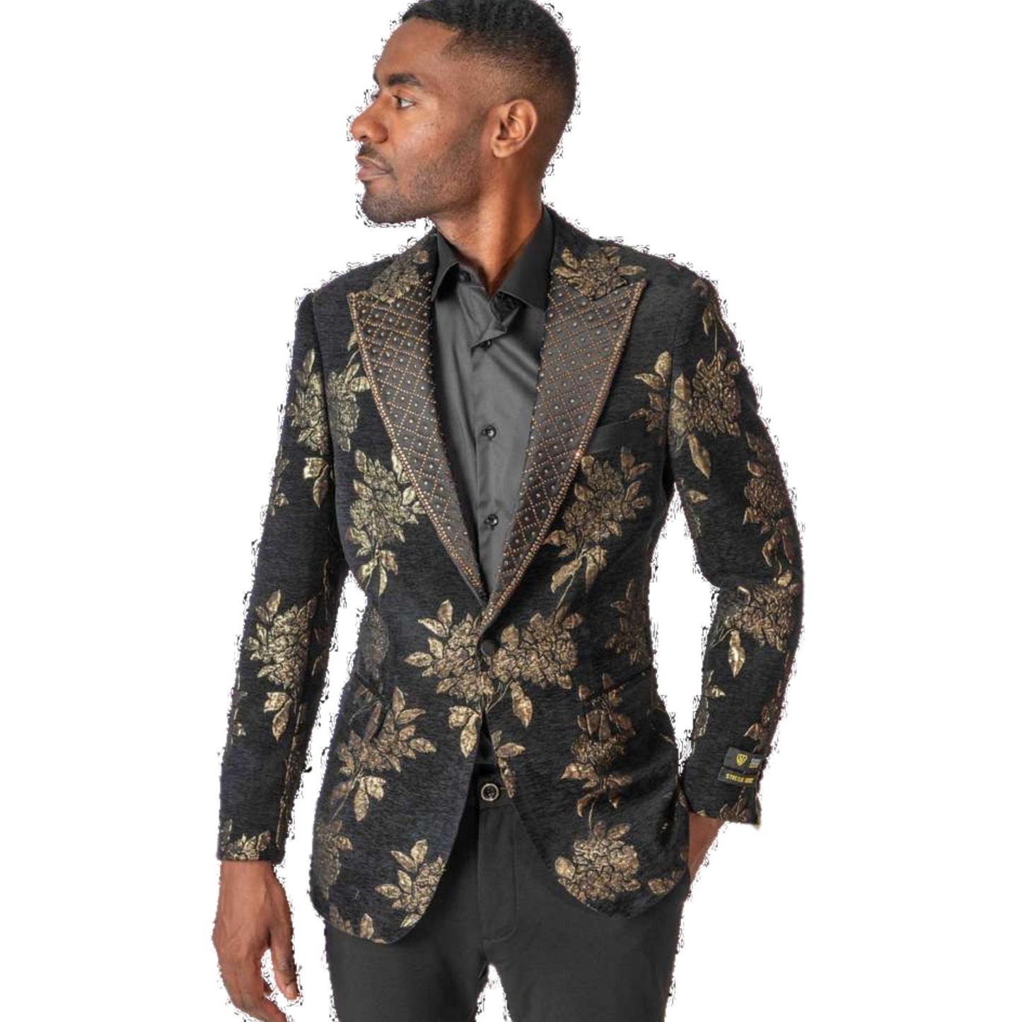 Men’s Black & Gold Floral Tuxedo Blazer for Prom 2025, featuring a luxurious black fabric with gold floral detailing and an embellished peak lapel for a refined look.