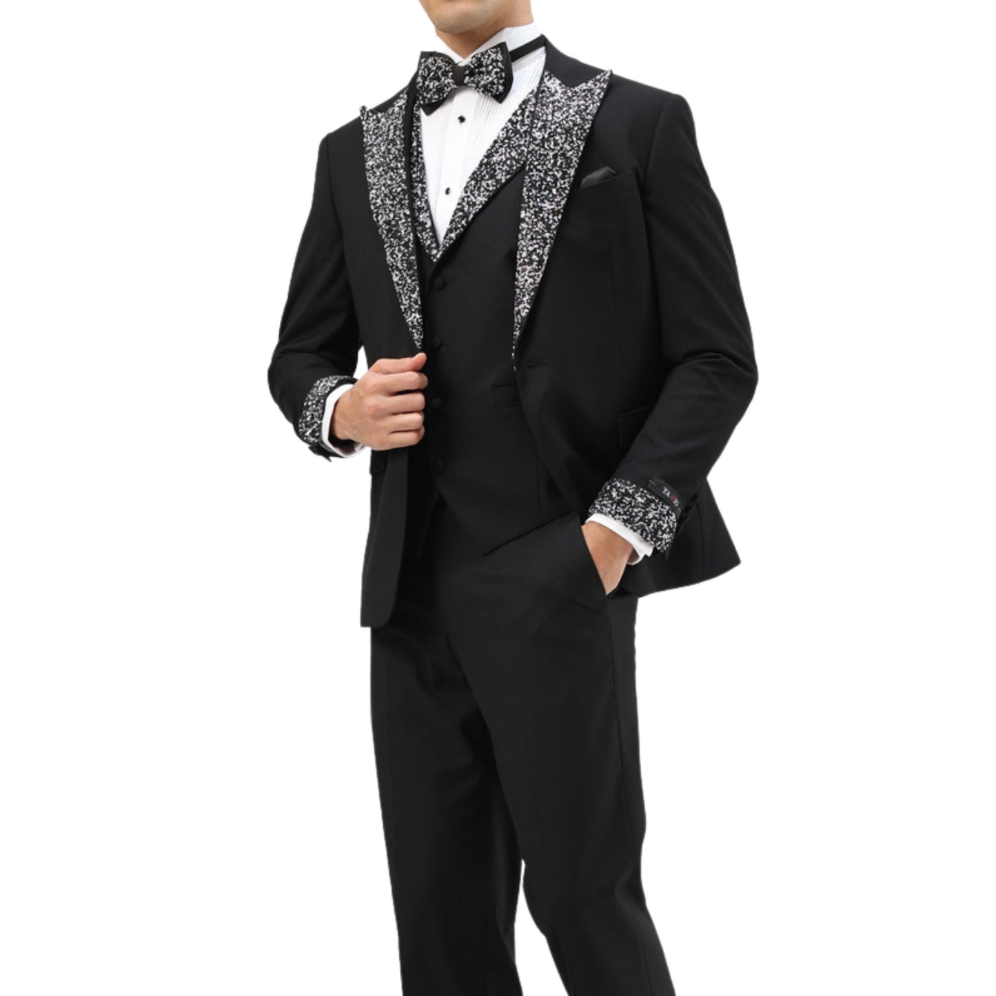 Men's black sequin lapel three-piece tuxedo with matching vest and bowtie, featuring sparkling sequin details on the lapel and cuffs for a bold formal look.