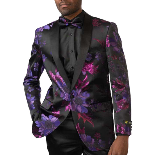 Black & Purple Floral Tuxedo Blazer – Luxury Prom & Wedding Jacket