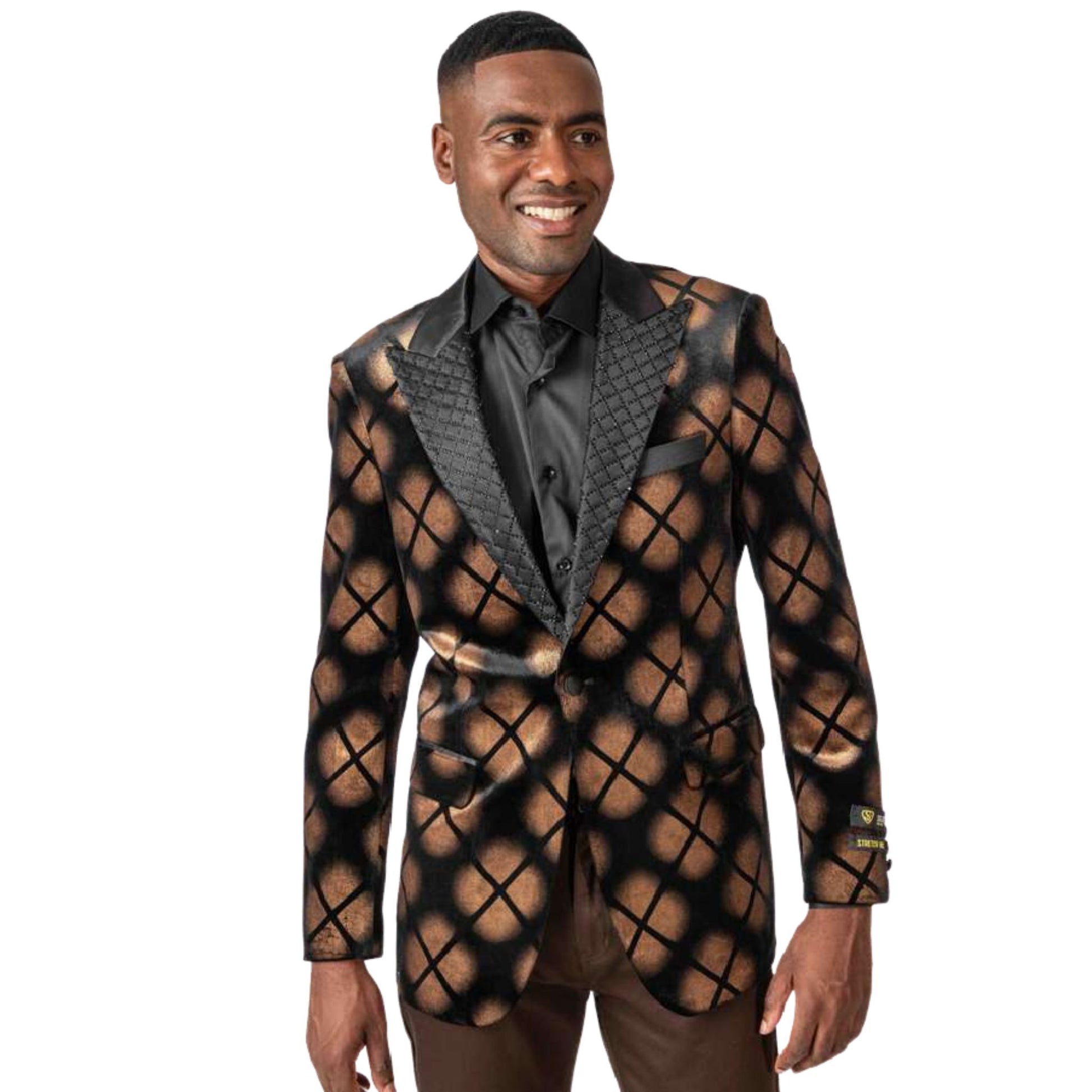 Men’s Bronze & Black Geometric Tuxedo Blazer for Prom 2025, featuring a bold geometric pattern on bronze velvet fabric with a quilted black peak lapel for a modern look.