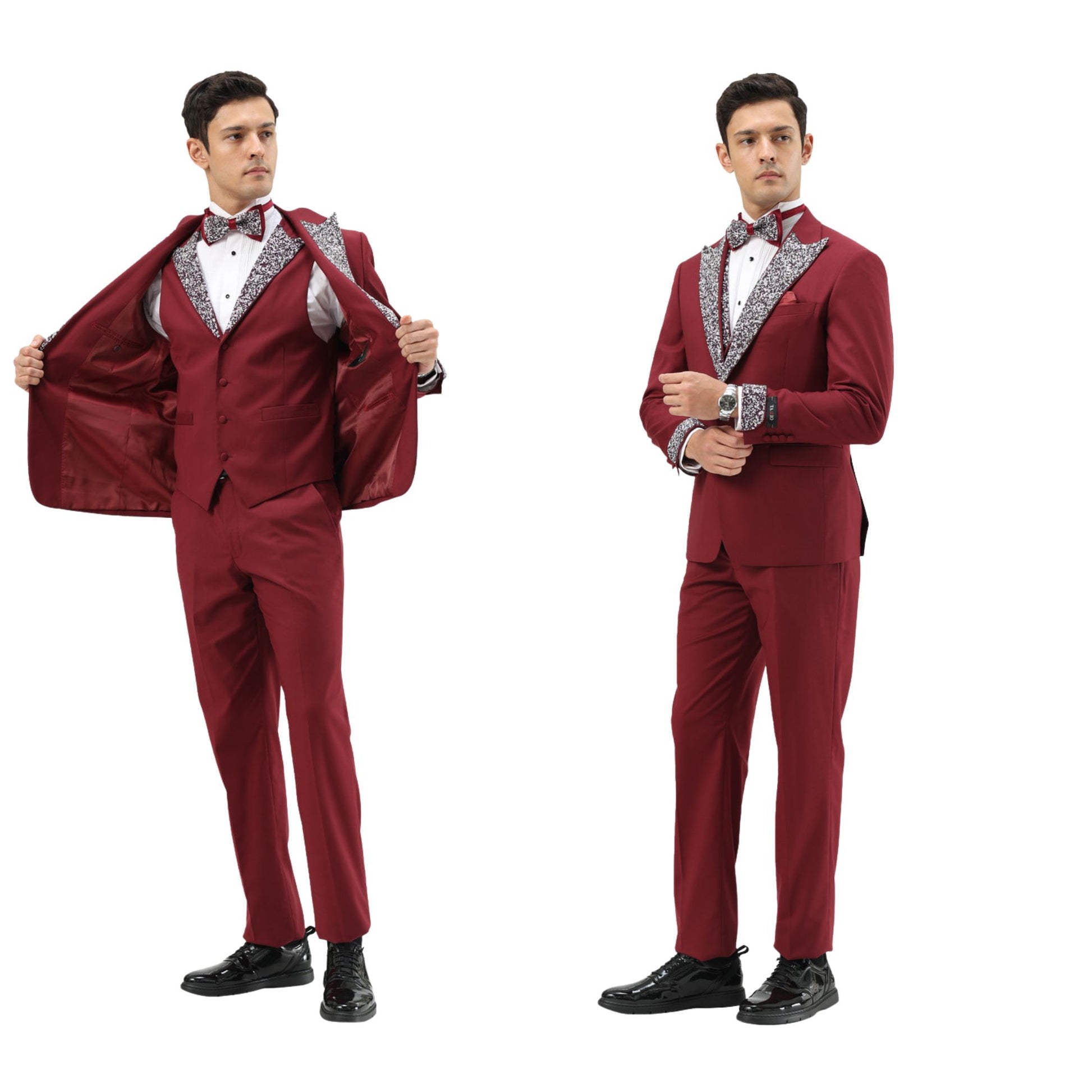 Open jacket view of men's burgundy sequin lapel tuxedo featuring glittering lapel and cuff details, styled with a matching vest and bowtie for formal events.