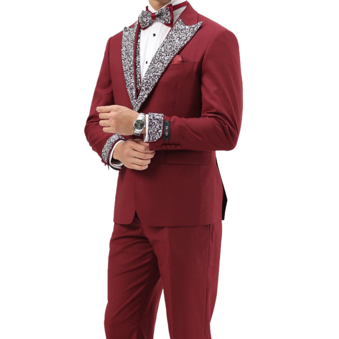 Men's burgundy sequin lapel three-piece tuxedo with sparkling sequin accents on the lapel and cuffs, paired with a matching vest and bowtie for a bold and sophisticated look.