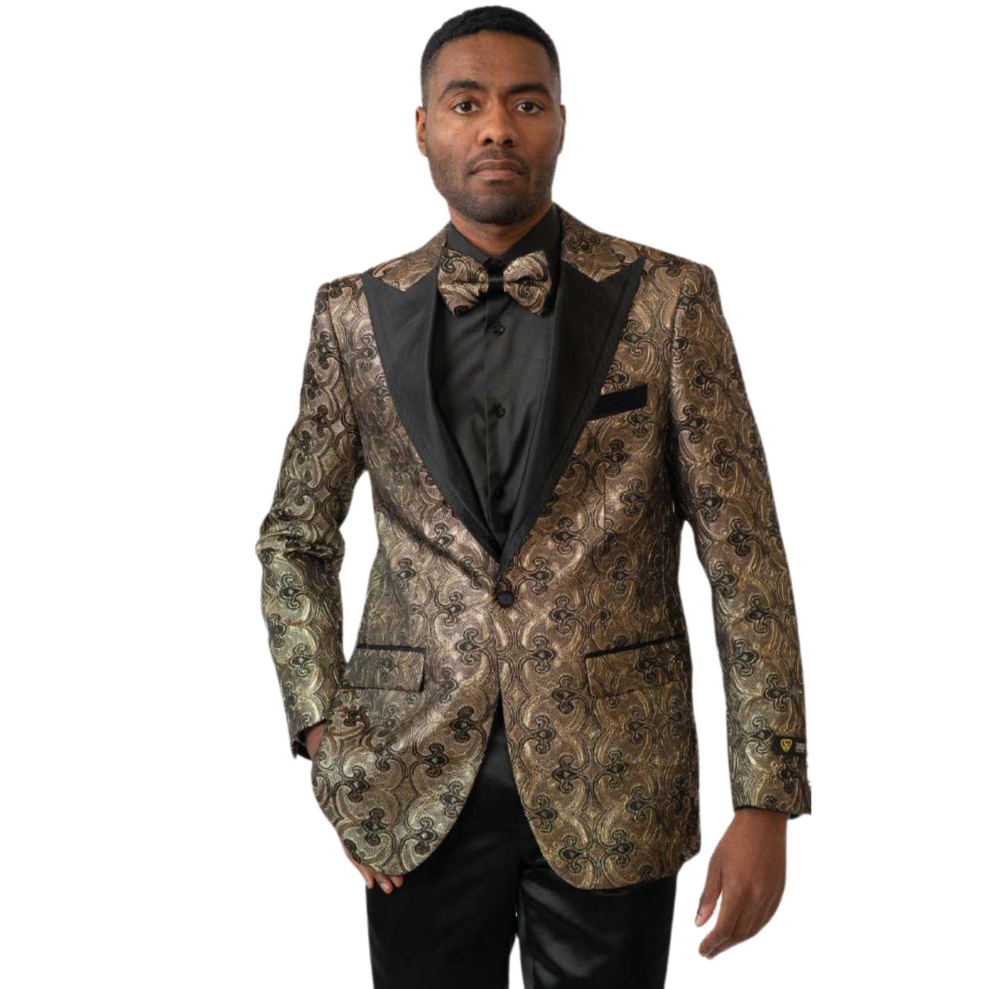 Men’s Gold & Black Paisley Tuxedo Blazer for Prom 2025, featuring a luxurious gold brocade pattern with a black satin peak lapel for a refined and elegant look.