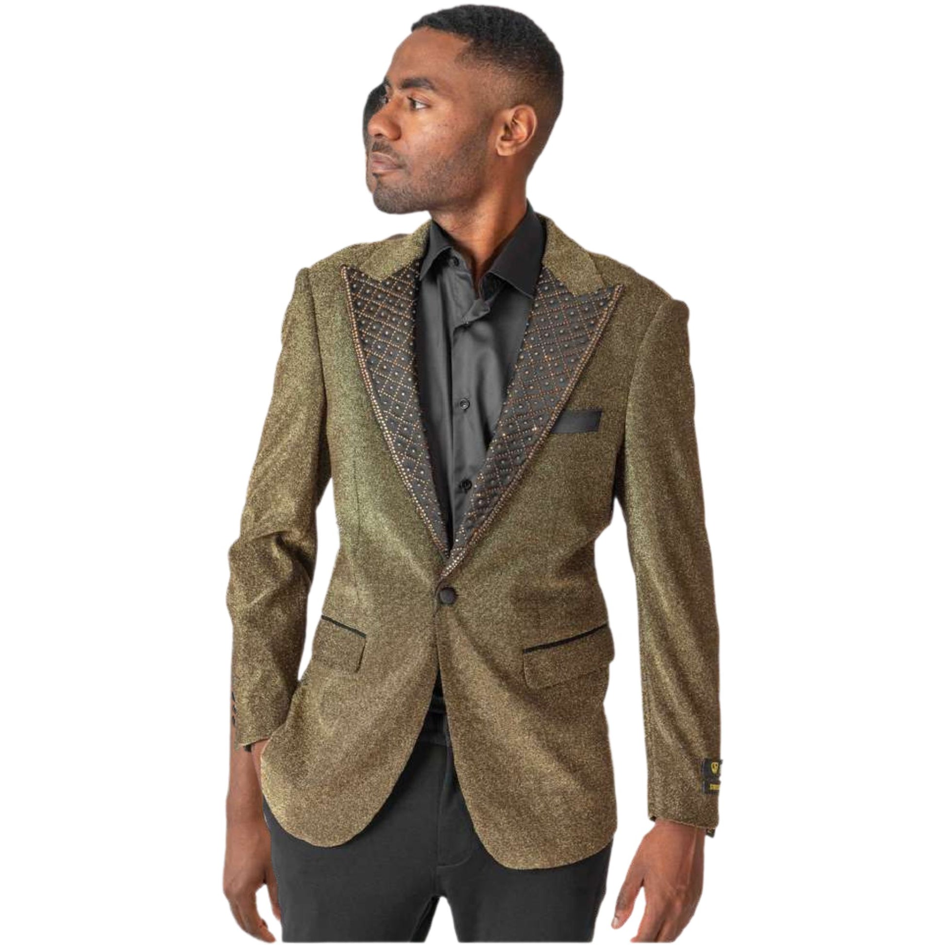 Men’s Gold Glitter Tuxedo Blazer for Prom 2025, featuring a shimmering gold fabric with an embellished black satin peak lapel for a bold and elegant formal look.