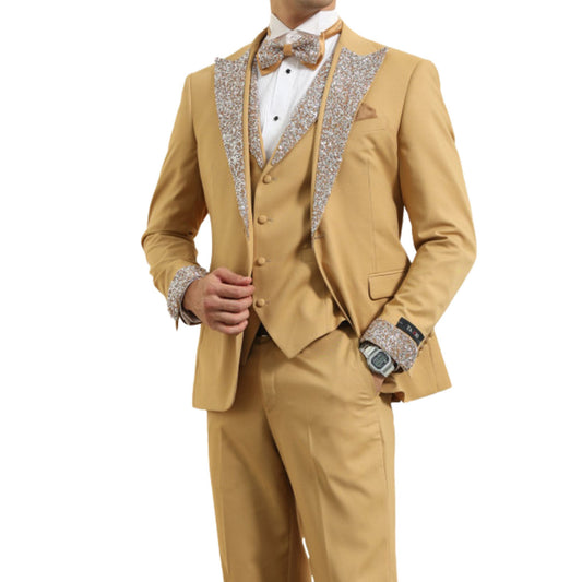 Men's gold sequin lapel three-piece tuxedo with matching vest and bowtie, featuring glittering sequin lapel and cuff accents for a luxurious formal look.