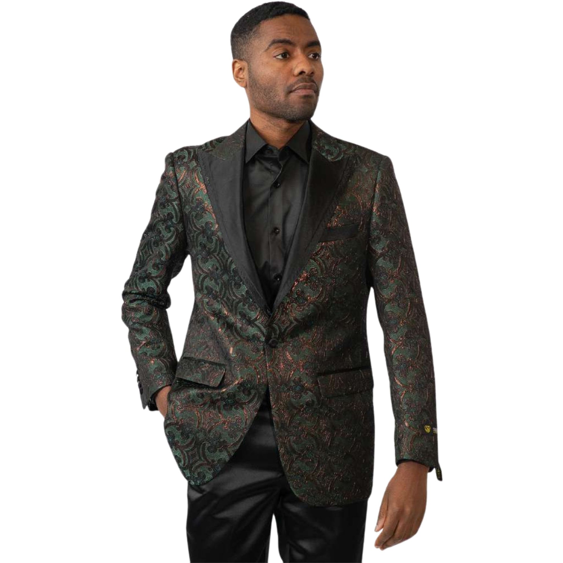 Men’s Green & Gold Paisley Tuxedo Blazer for Prom 2025, featuring a luxurious green brocade fabric with gold paisley detailing and a black satin peak lapel.