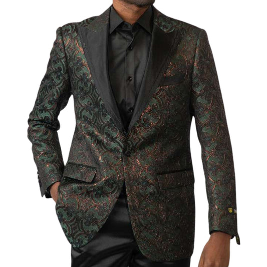 Men’s Green & Gold Paisley Tuxedo Blazer for Prom 2025, featuring a luxurious green brocade fabric with gold paisley detailing and a black satin peak lapel.