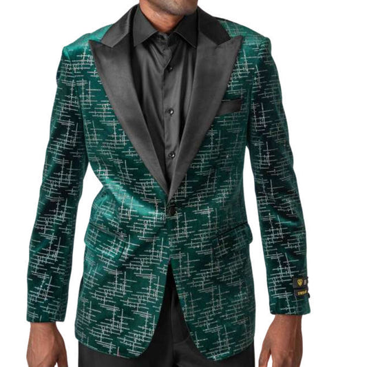 Men’s Green Patterned Velvet Tuxedo Blazer for Prom 2025, featuring a luxurious emerald green velvet fabric with a sleek geometric pattern and a black satin peak lapel.