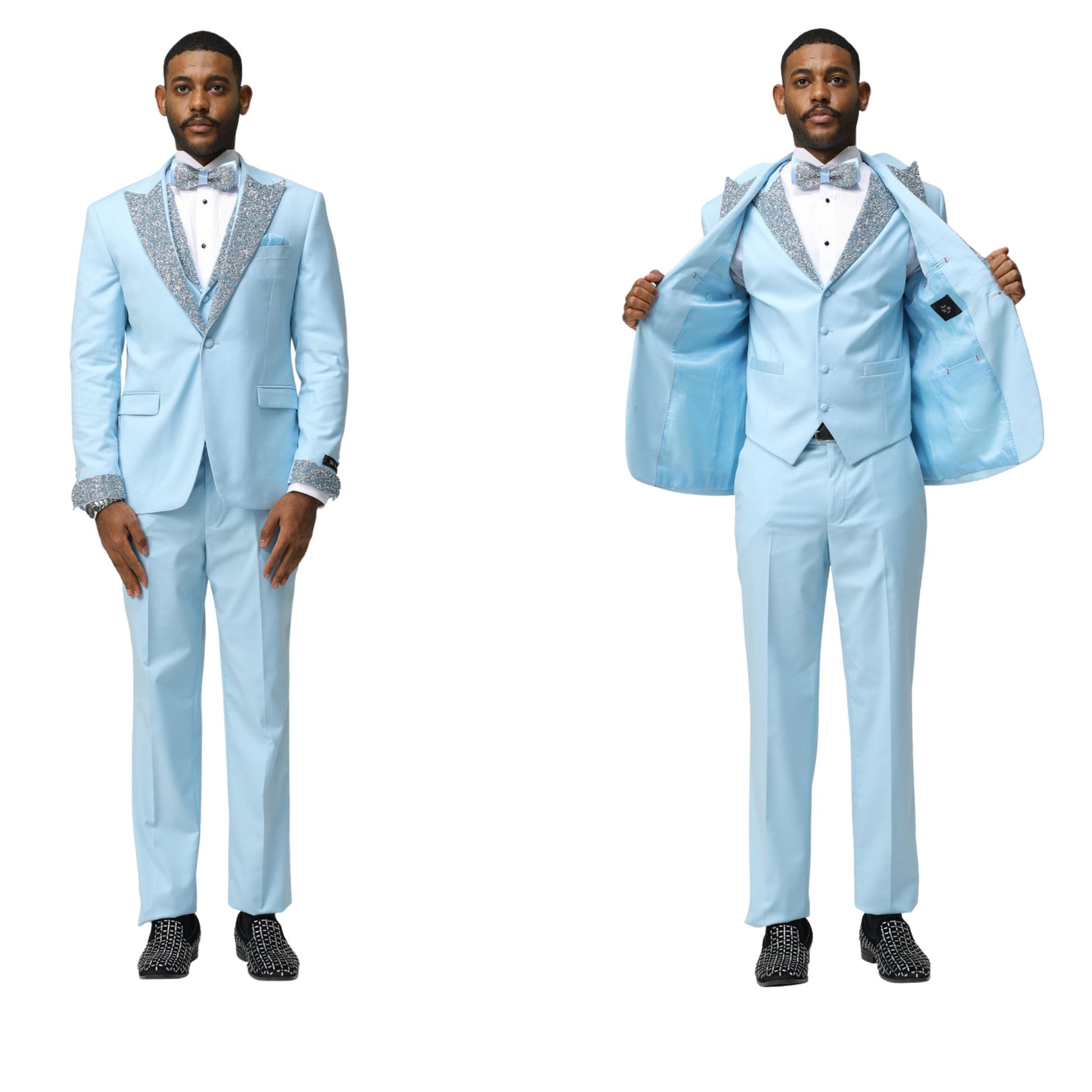 Man wearing a men’s light blue sequin lapel three-piece tuxedo, standing with hands at his sides, styled with a white dress shirt and bowtie. Man showcasing the interior of a stylish light blue sequin tuxedo, opening the jacket to reveal a matching vest, paired with a crisp white dress shirt.