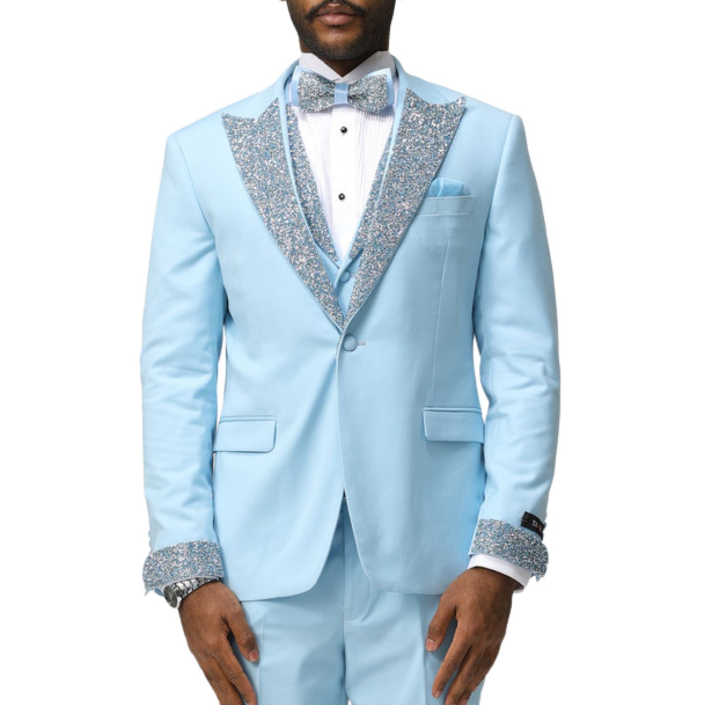 Front view of men's light blue sequin lapel three-piece tuxedo with sequin-detailed lapel and cuffs, paired with a matching vest and bowtie.