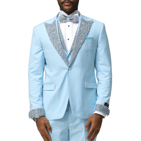 Close-up of a men's light blue sequin lapel tuxedo jacket, highlighting the intricate sequin details on lapel and cuffs, paired with a bowtie and dress shirt.