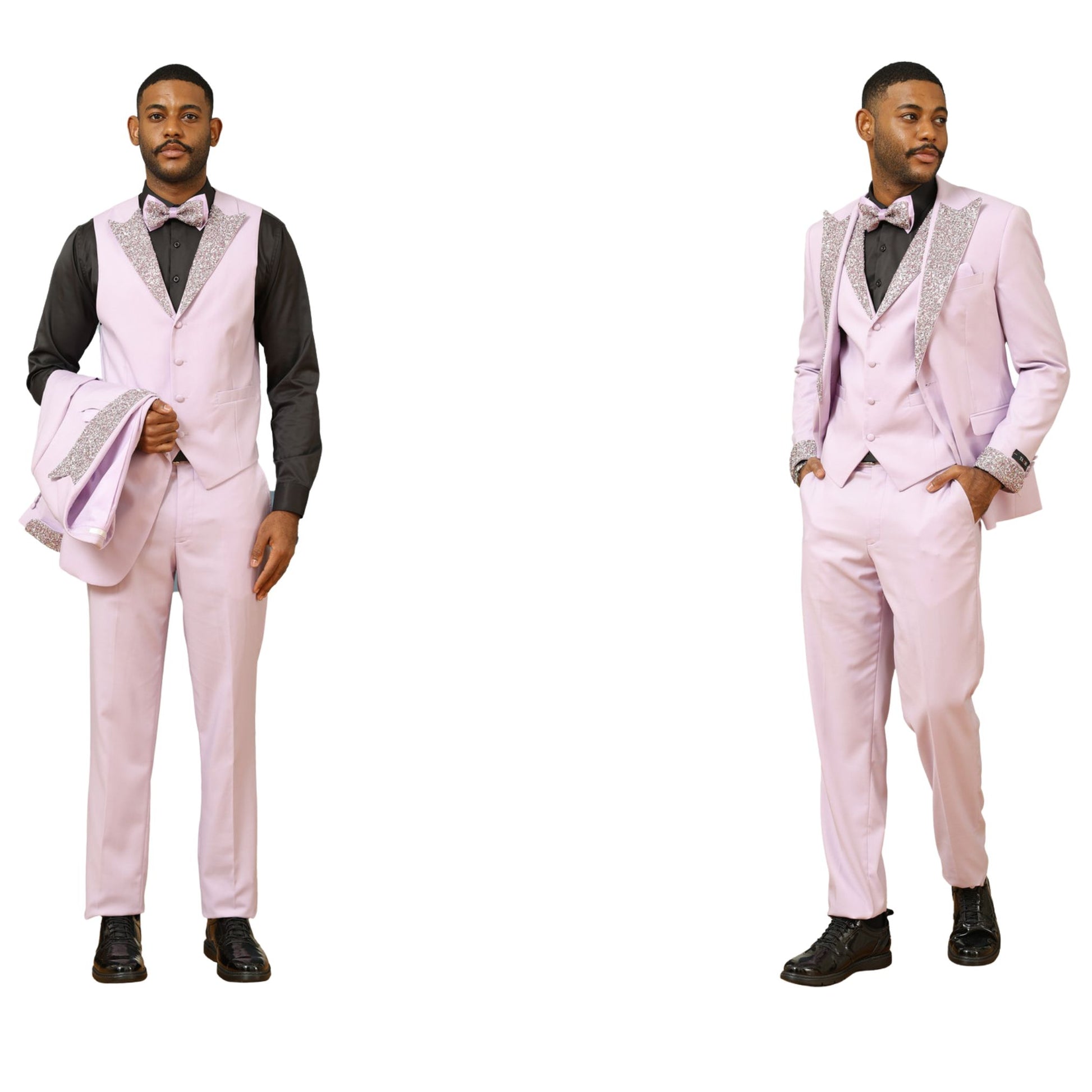 Men's lavender tuxedo featuring a sequin-detailed vest and flat-front trousers, perfect for making a stylish statement at formal events.