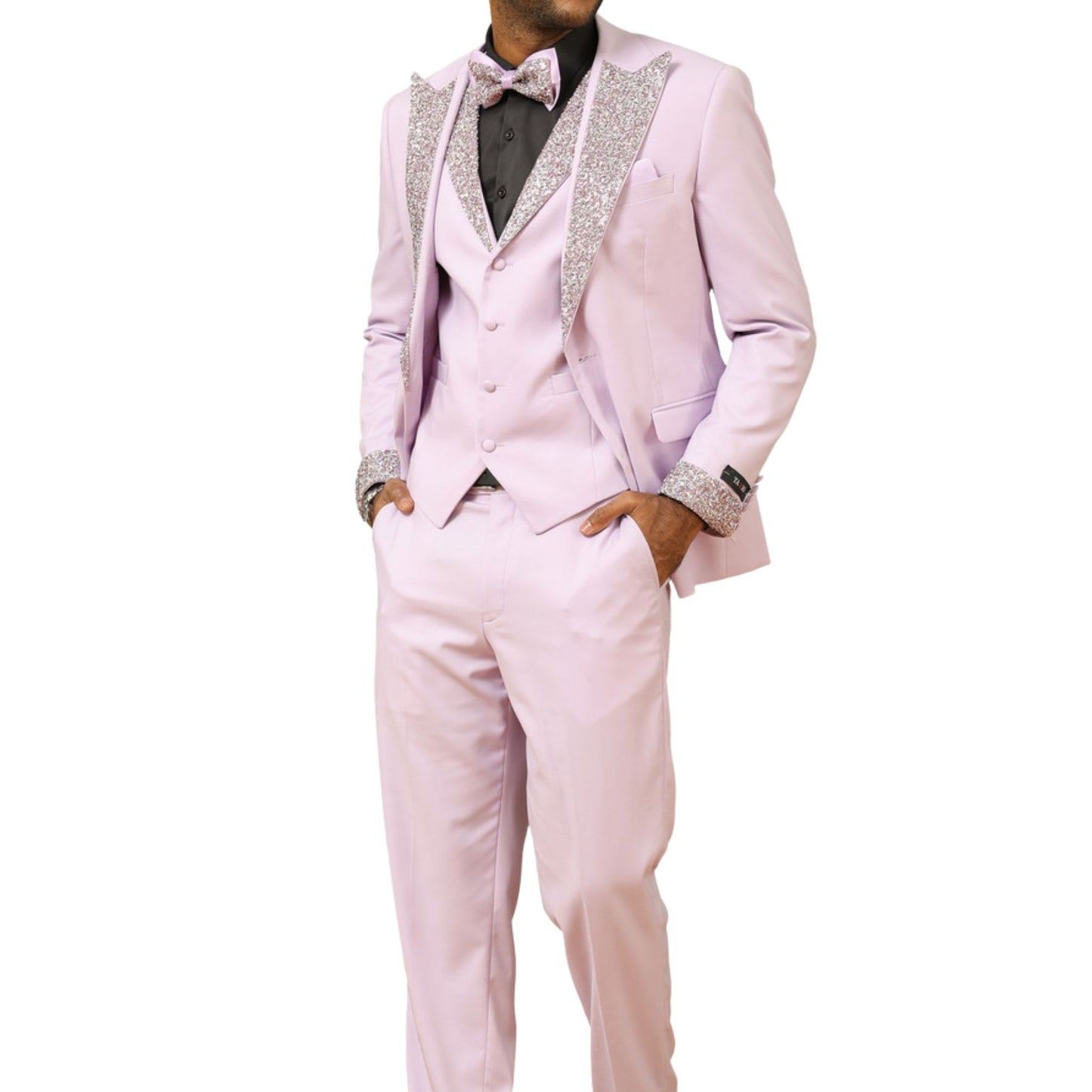 Men's light lavender sequin lapel three-piece tuxedo with sparkling lapel and cuff details, paired with a matching vest and bowtie for a soft, sophisticated look