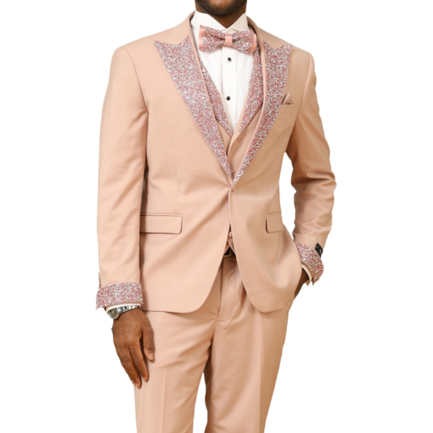 Men's rose gold pink  sequin lapel three-piece tuxedo with a matching vest and bowtie, showcasing a soft yet elegant look with shimmering sequin details.