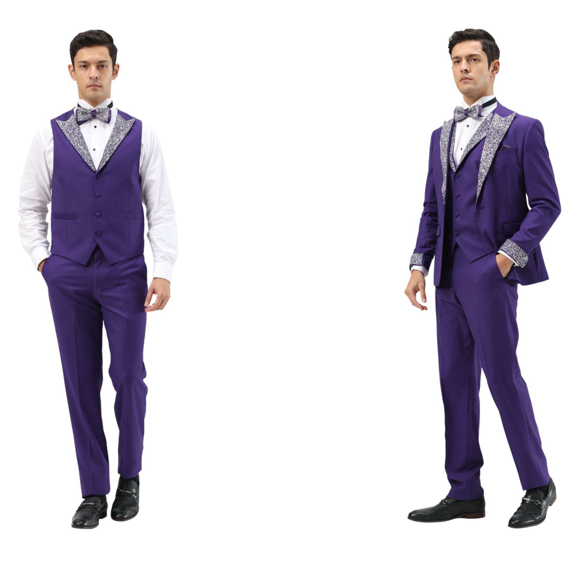 Men's royal purple sequin lapel tuxedo with matching vest and trousers, showcasing modern tailoring and shimmering sequin trim on the vest.