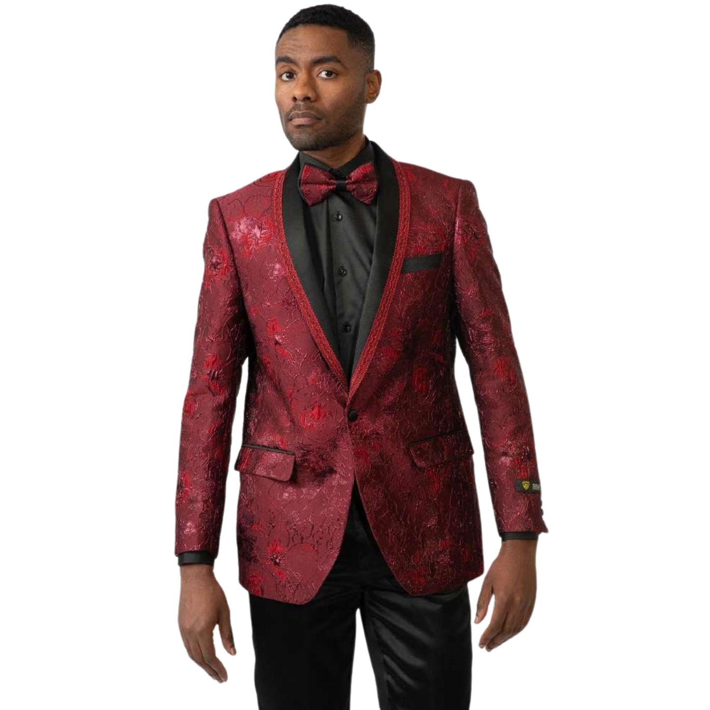 Men’s Red Floral Brocade Tuxedo Blazer for Prom 2025, featuring a rich red brocade fabric with a satin shawl lapel and intricate floral detailing for a luxurious look.