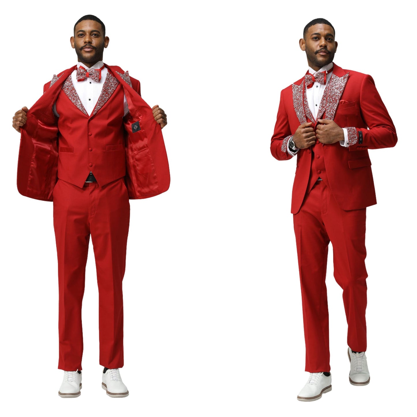 Open jacket view of men's red sequin lapel tuxedo with matching vest and bowtie, highlighting the bold red color and shimmering sequin accents.