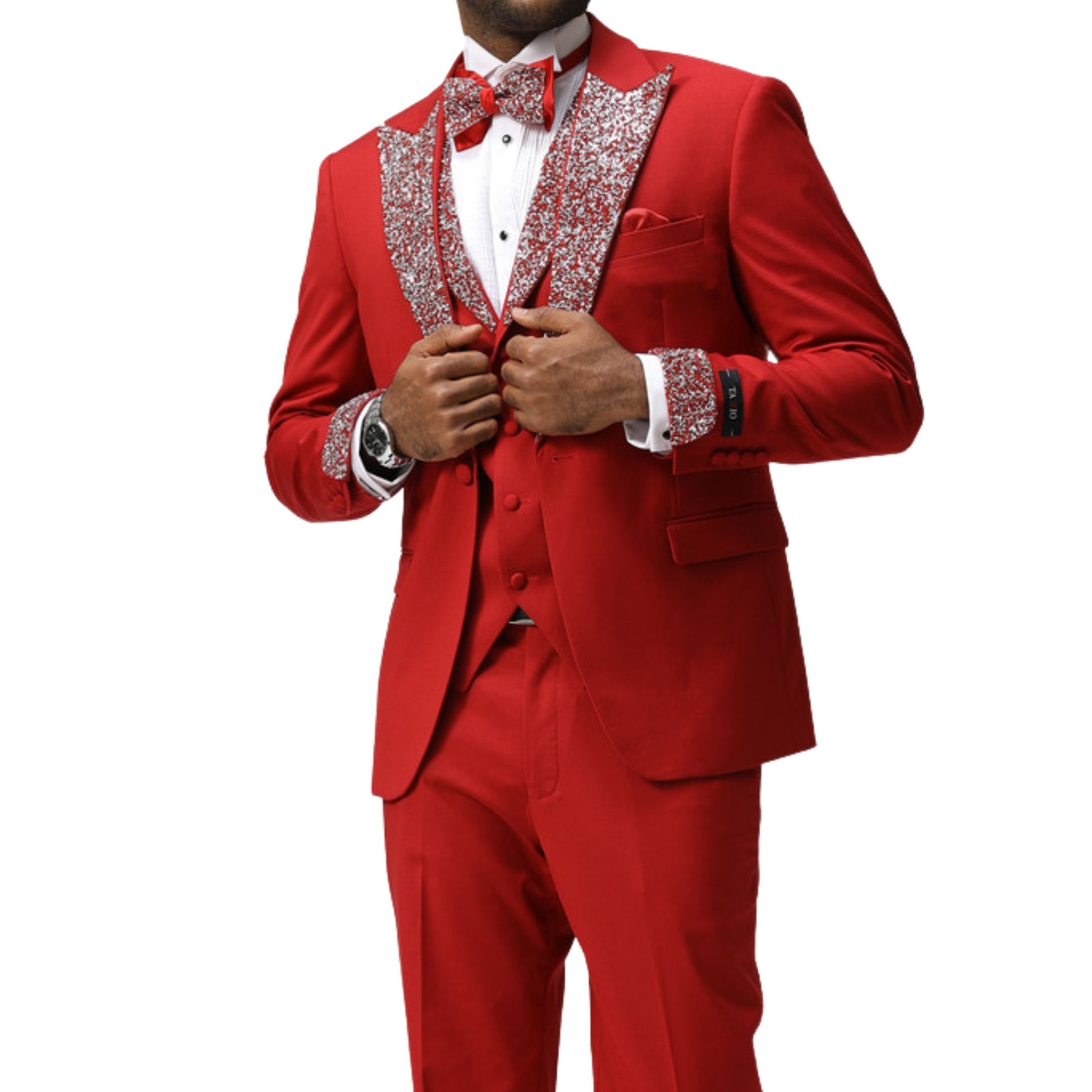 Men's red sequin lapel three-piece tuxedo with matching vest and bowtie, designed with dazzling sequin details on the lapel and cuffs for a vibrant formal style.