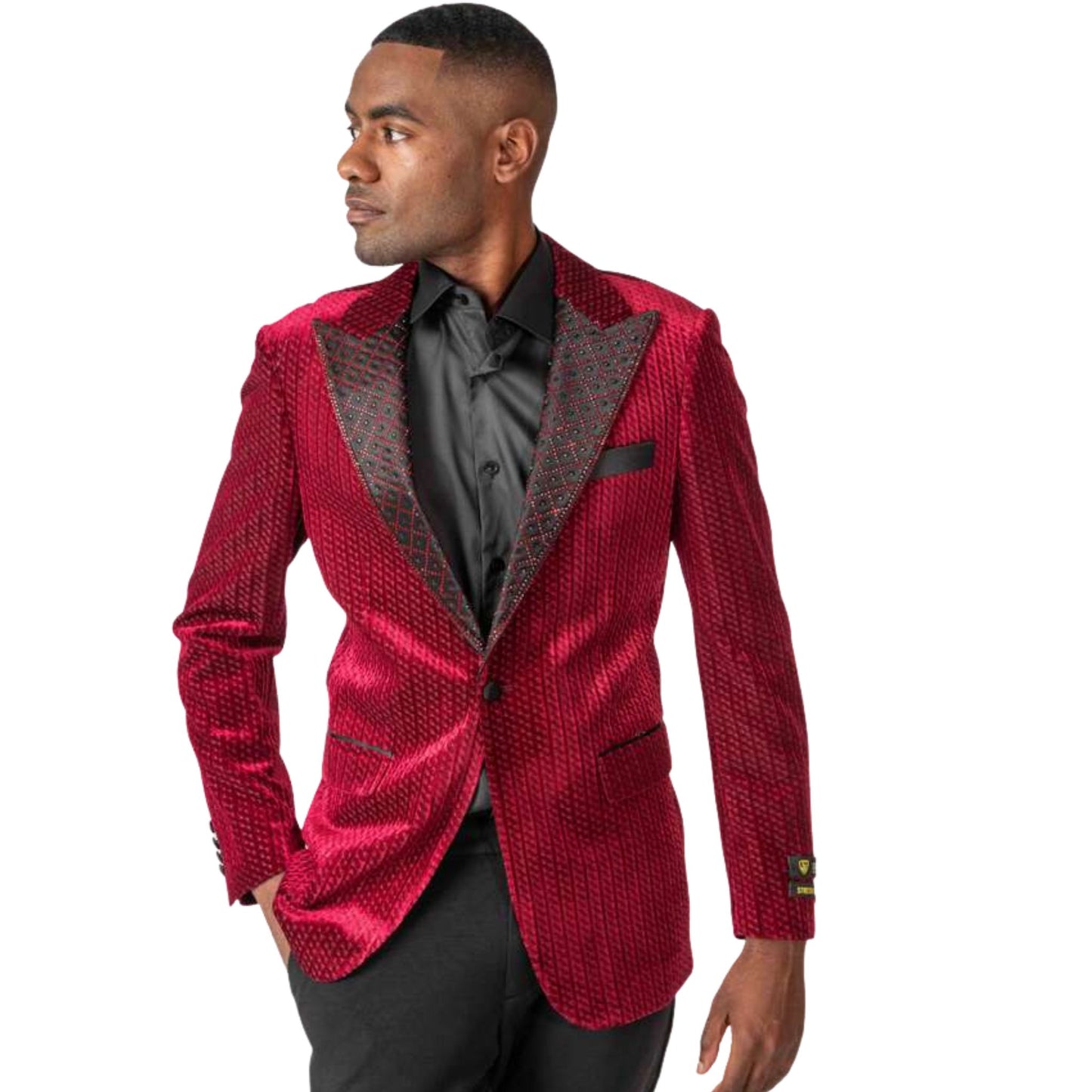 Men’s Red Velvet Tuxedo Blazer for Prom 2025, featuring a textured velvet fabric with an embellished black peak lapel for a bold and sophisticated formal look.