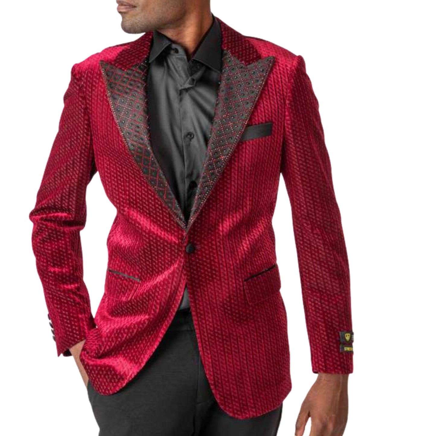 Men’s Red Velvet Tuxedo Blazer for Prom 2025, featuring a textured velvet fabric with an embellished black peak lapel for a bold and sophisticated formal look.