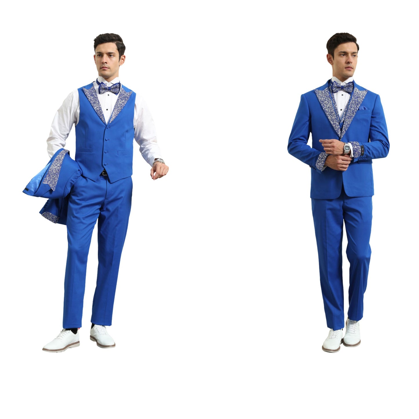 Men's royal blue tuxedo with sequin-accented vest and trousers, showcasing bold color and modern tailoring.