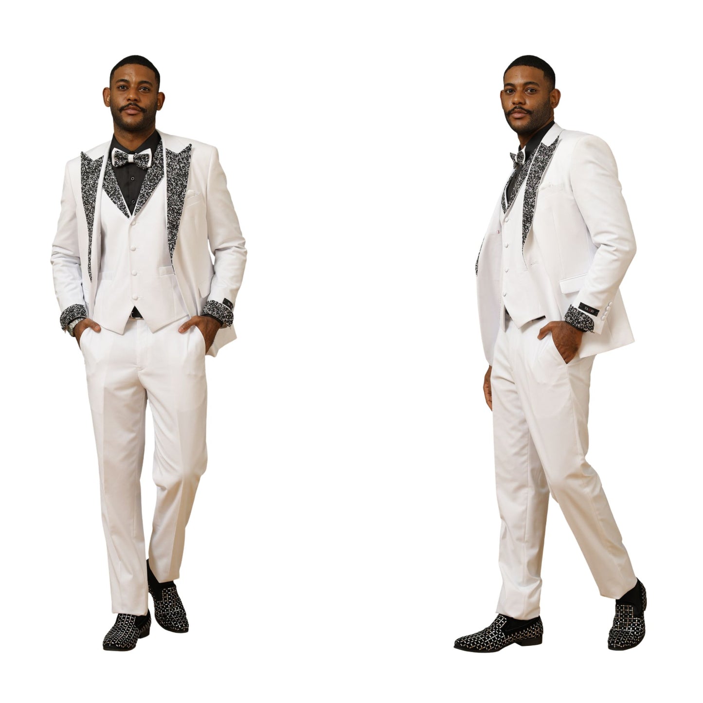 Side view of men's white sequin lapel tuxedo featuring shimmering sequin details on the lapel and cuffs, styled with a matching vest and bowtie for formal occasions. Men's white tuxedo showcasing a sequin-accented vest, flat-front trousers, and tailored modern fit, perfect for weddings, proms, or gala events.