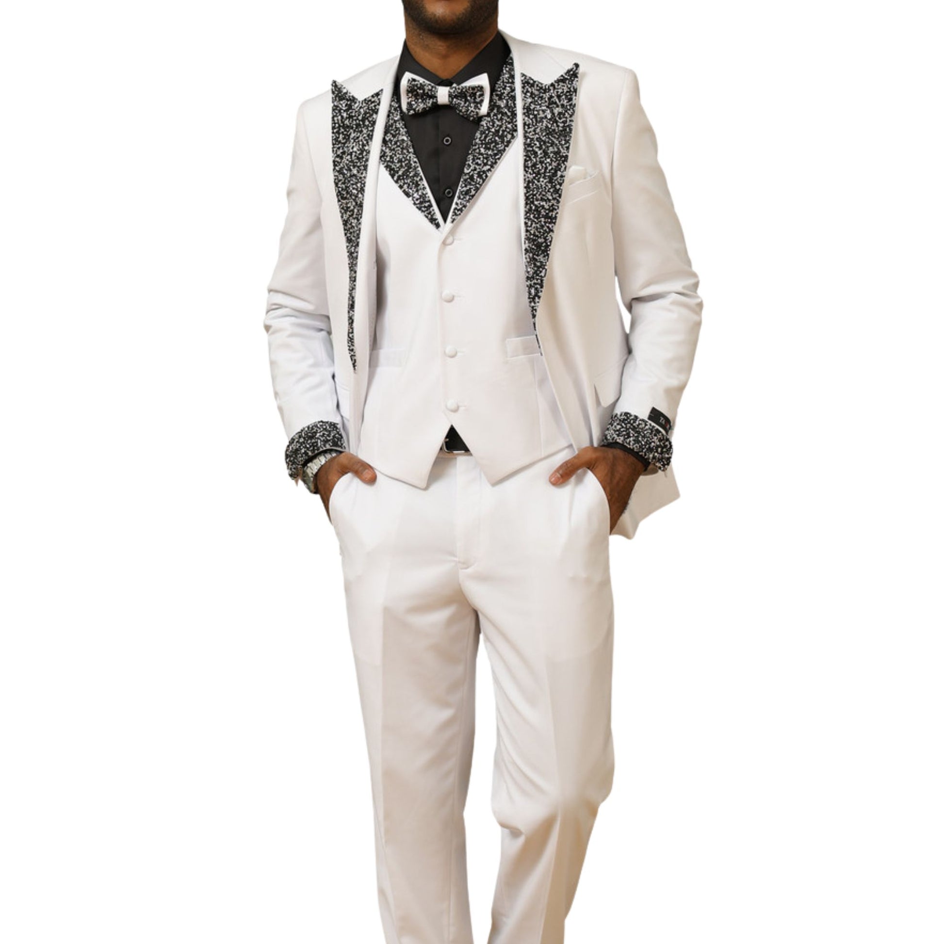 Men's white sequin lapel three-piece tuxedo with sparkling sequin accents on the lapel and cuffs, paired with a matching vest and bowtie for a classic and elegant look.