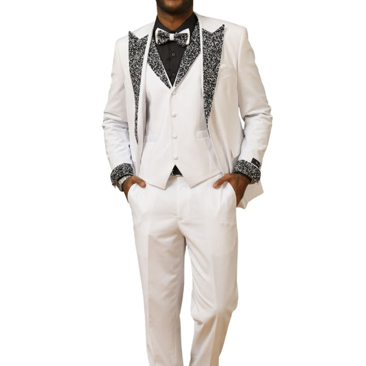 Close-up of a men's white sequin lapel tuxedo jacket, highlighting intricate black sequin detailing on lapel and cuffs, paired with a matching bowtie.