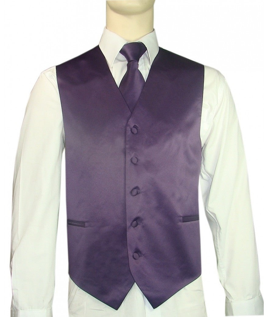 KCT Menswear Deep Purple Vest and Tie Set, formal vest and tie set, groom and groomsmen vest and tie set, solid color vest and tie set, formal wear vest and tie set, special occasion vest and tie set.