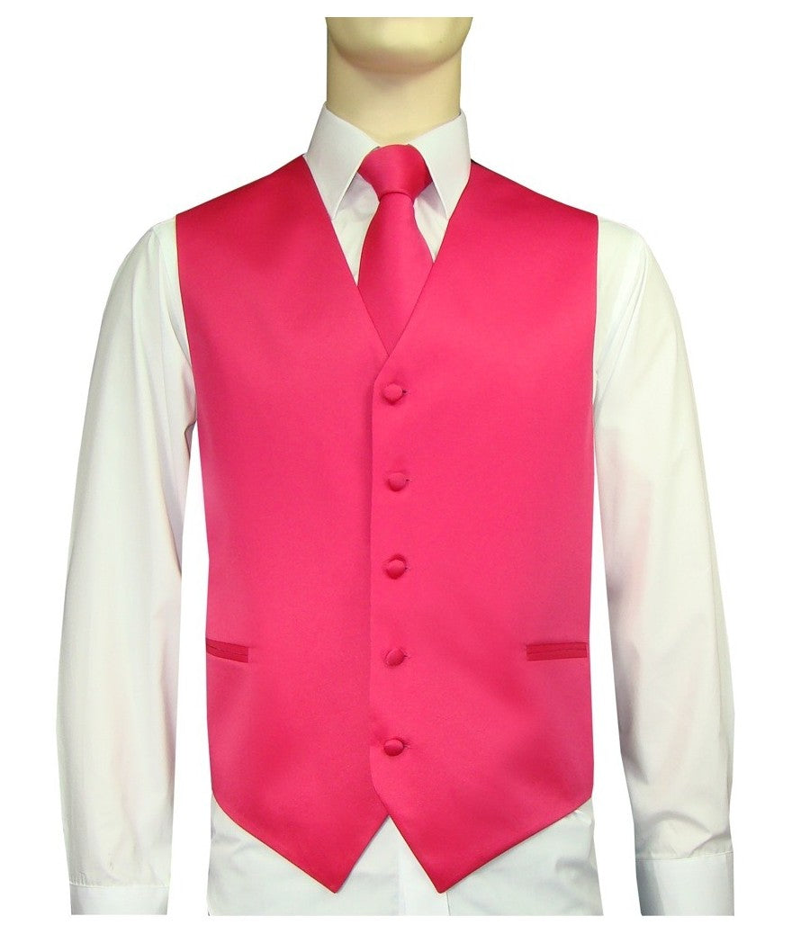 KCT Menswear Fuchsia Vest and Tie Set, formal vest and tie set, groom and groomsmen vest and tie set, solid color vest and tie set, formal wear vest and tie set, special occasion vest and tie set.