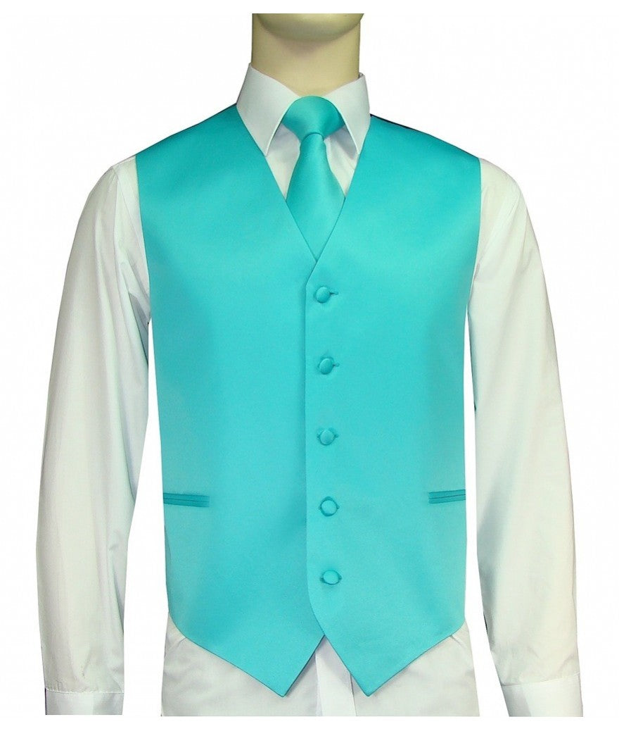 KCT Menswear Turquoise Vest and Tie Set, formal vest and tie set, groom and groomsmen vest and tie set, solid color vest and tie set, formal wear vest and tie set, special occasion vest and tie set