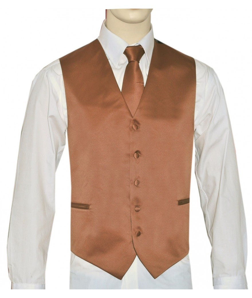 KCT Menswear Medium Brown Vest and Tie Set, formal vest and tie set, groom and groomsmen vest and tie set, solid color vest and tie set, formal wear vest and tie set, special occasion vest and tie set.