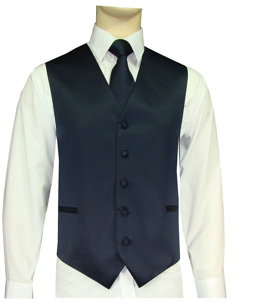 KCT Menswear Navy Blue Vest and Tie Set, formal vest and tie set, groom and groomsmen vest and tie set, solid color vest and tie set, formal wear vest and tie set, special occasion vest and tie set.