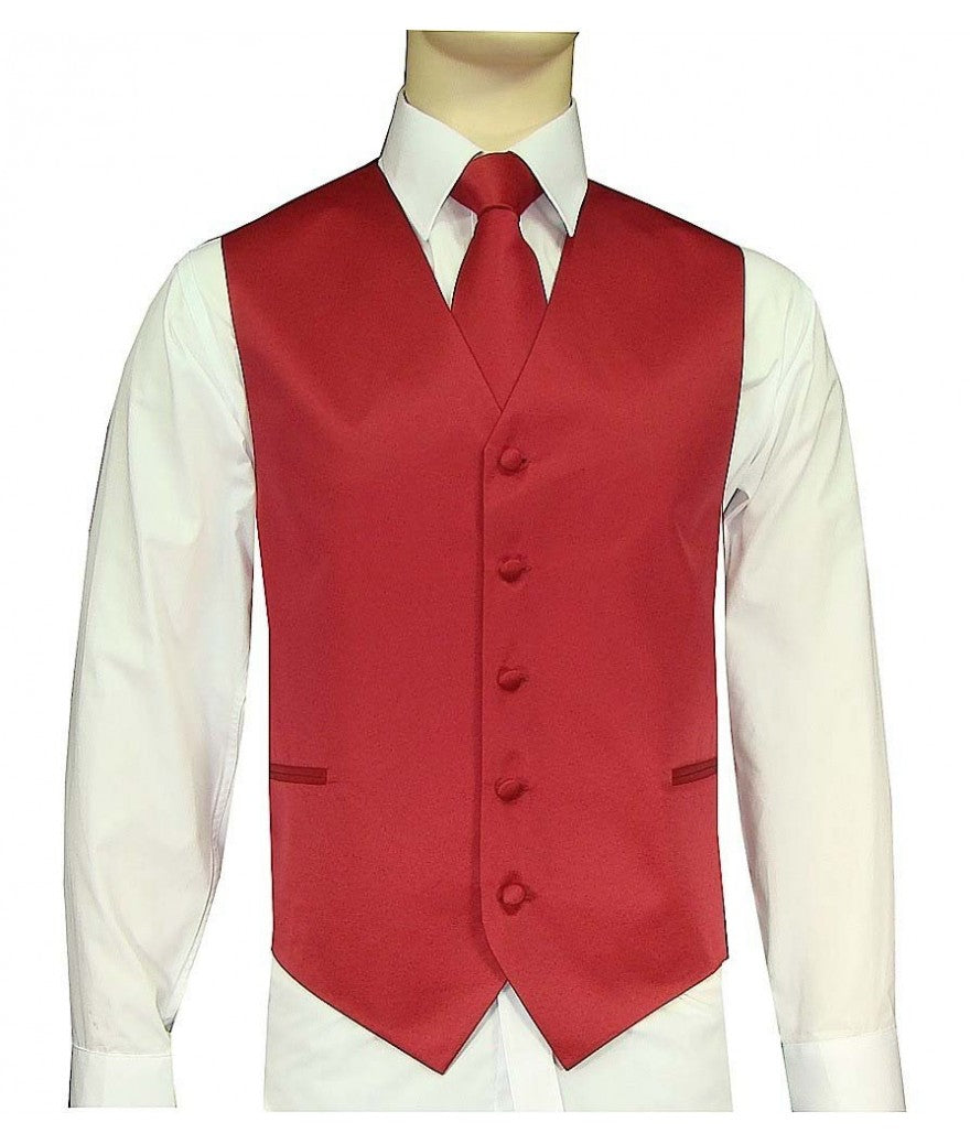 KCT Menswear Medium Red Vest and Tie Set, formal vest and tie set, groom and groomsmen vest and tie set, solid color vest and tie set, formal wear vest and tie set, special occasion vest and tie set.