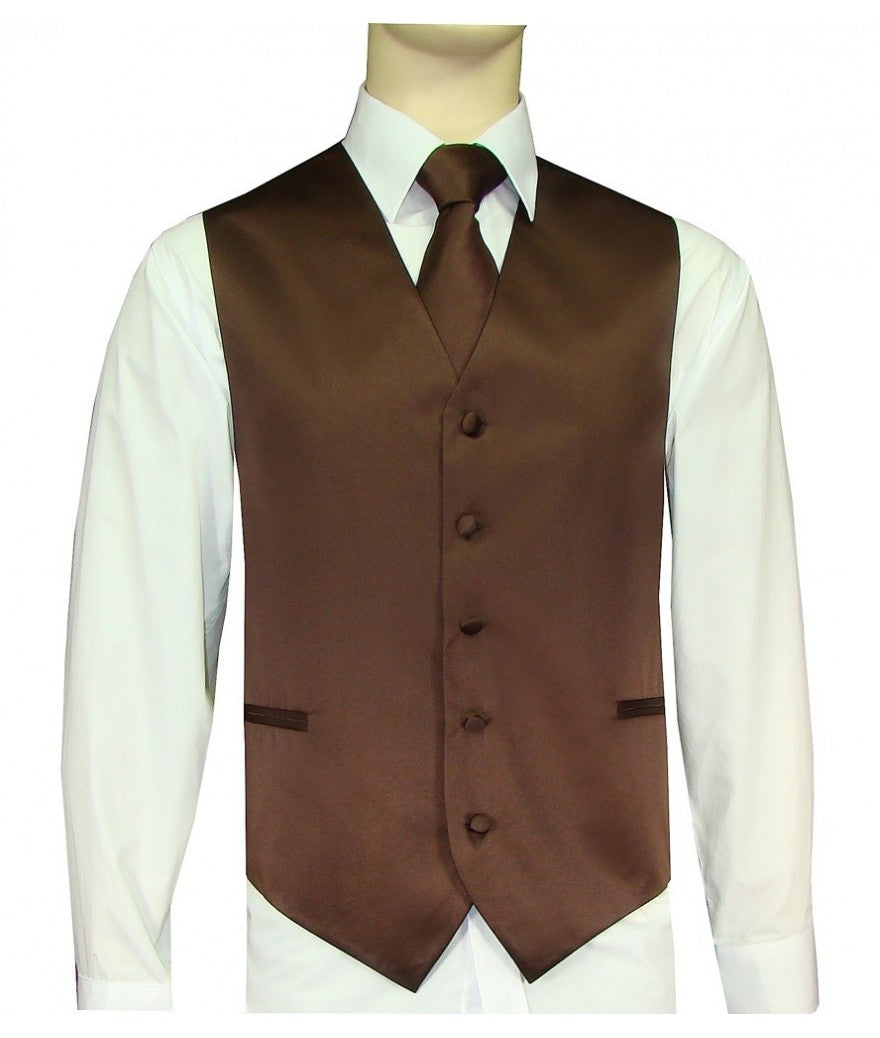 KCT Menswear Chocolate Brown Vest and Tie Set, formal vest and tie set, groom and groomsmen vest and tie set, solid color vest and tie set, formal wear vest and tie set, special occasion vest and tie set.