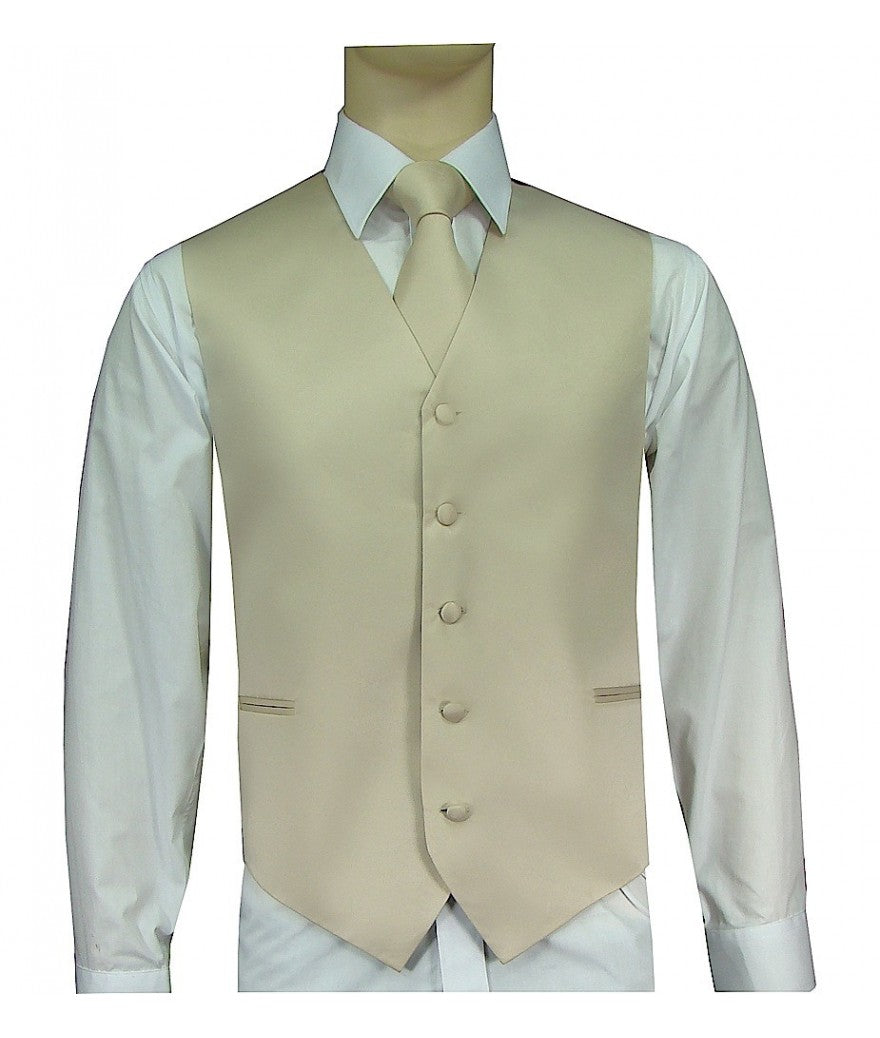 KCT Menswear Beige Vest and Tie Set, formal vest and tie set, groom and groomsmen vest and tie set, solid color vest and tie set, formal wear vest and tie set, special occasion vest and tie set.