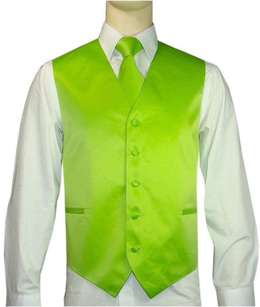 KCT Menswear Lime Green Vest and Tie Set, formal vest and tie set, groom and groomsmen vest and tie set, solid color vest and tie set, formal wear vest and tie set, special occasion vest and tie set.