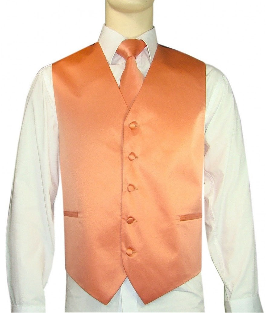 KCT Menswear Salmon Orange Vest and Tie Set, formal vest and tie set, groom and groomsmen vest and tie set, solid color vest and tie set, formal wear vest and tie set, special occasion vest and tie set.