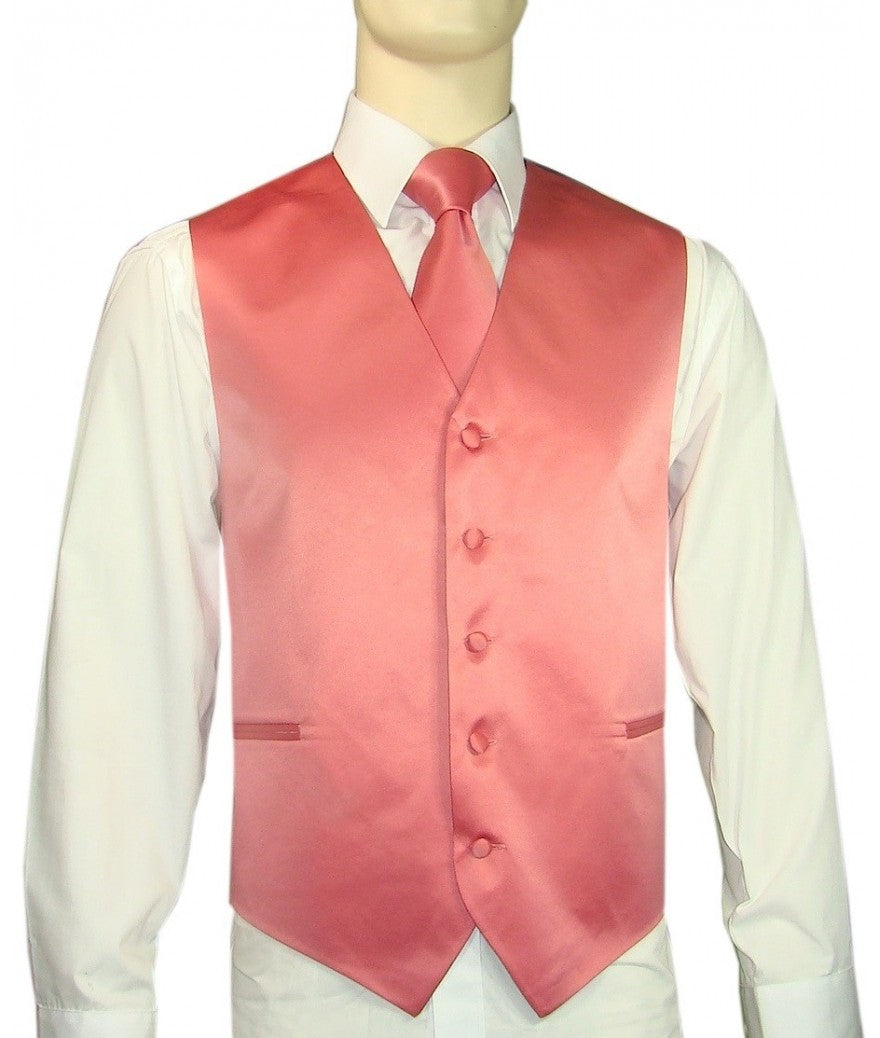 KCT Menswear Coral Vest and Tie Set, formal vest and tie set, groom and groomsmen vest and tie set, solid color vest and tie set, formal wear vest and tie set, special occasion vest and tie set.
